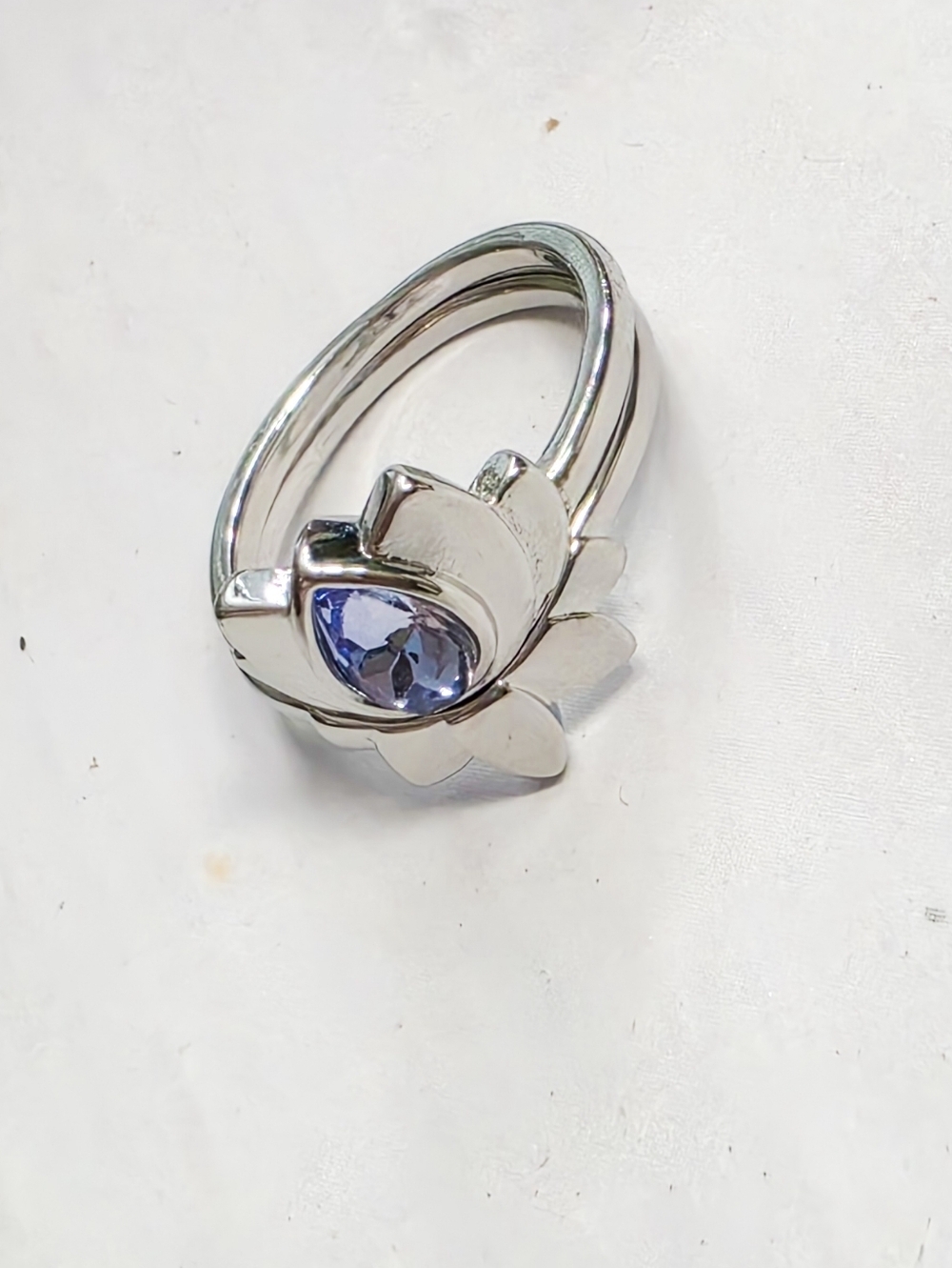 Boho Silvery Lotus Flower Ring Set | Blue Water Drop Crystal Size 8 - Picture 5 of 12